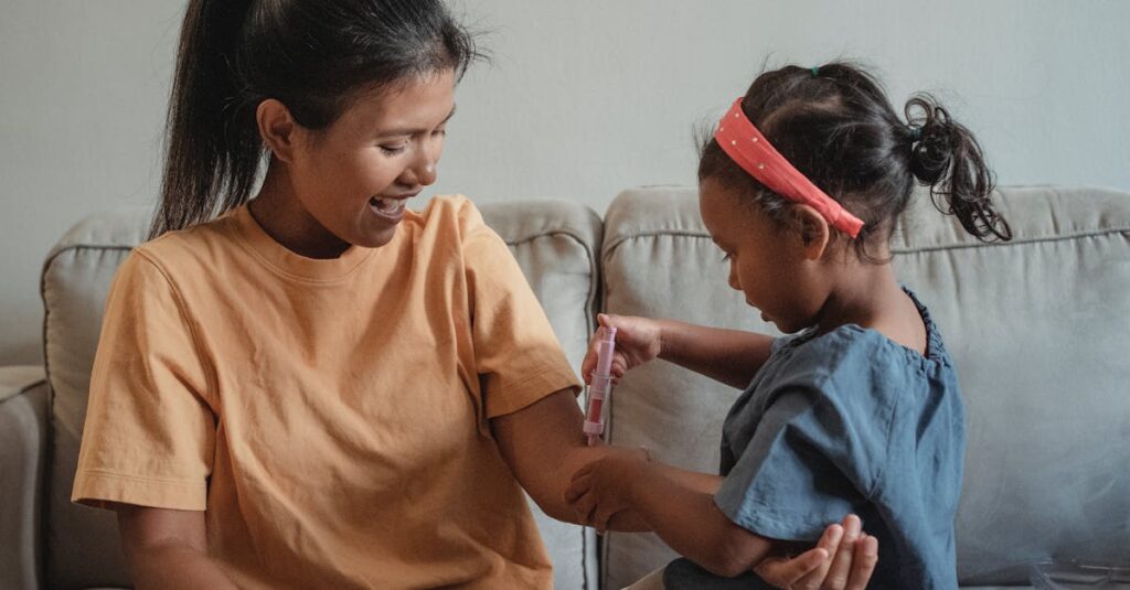 A joyful mother and her daughter playing doctor with a toy syringe in a cozy living room.